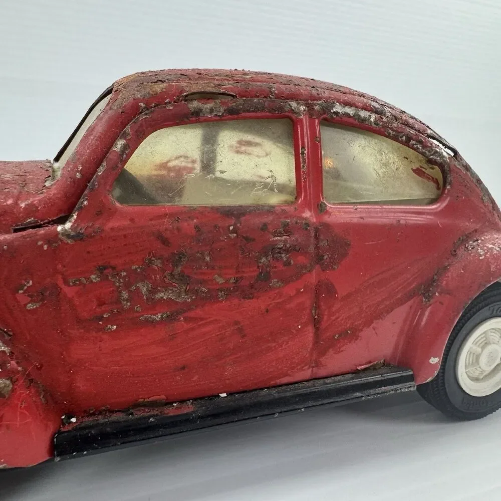 Vintage Tonka VW Bug Beetle Toy Car Red Distressed Metal Large Scale
